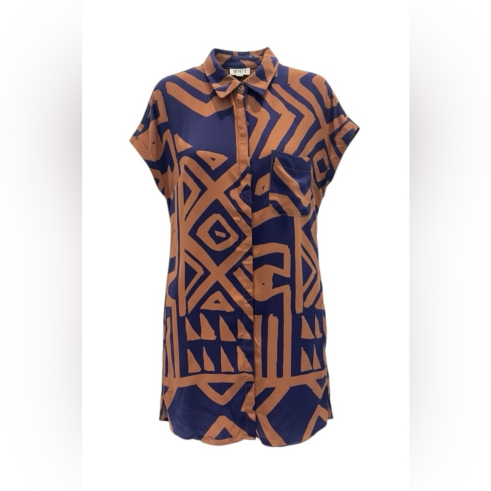 WHIT Navy and Tan Geometric Button Down Dress